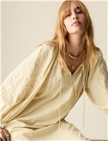 Pure Cotton Embroidered Tie Neck Midi Dress