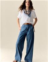 Denim High Waisted Pleat Front Wide Leg Jeans