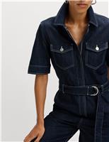 Denim Belted Wide Leg Utility Jumpsuit