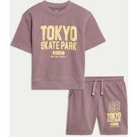 M&S Cotton Rich Slogan Top & Shorts Outfit (2-8 Yrs) Purple
