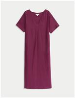 M&S Linen Rich V-Neck Popover Midi Dress Dark Raspberry