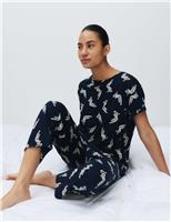 M&S Cotton Rich Printed Cropped Pyjama Set Navy Mix