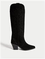 Suede Cowboy Embroidered Knee High Boots