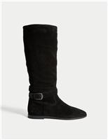 Suede Buckle Flat Knee High Boots