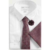 M&S 4pc Regular Fit Easy Iron Shirt and Tie Set White/Red