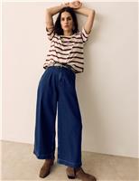 Per Una Denim High Waisted Pleat Front Wide Leg Cropped Jeans Dark Indigo