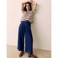 Per Una Denim High Waisted Pleat Front Wide Leg Cropped Jeans Dark Indigo