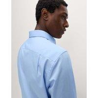 M&S Regular Fit 2 Inch Shorter Cotton Blend Shirt Mid Blue