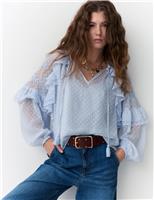 Textured Tie Neck Ruffle Puff Sleeve Blouse