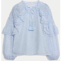 Textured Tie Neck Ruffle Puff Sleeve Blouse