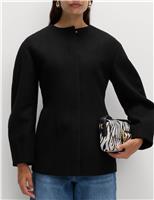 Waisted Collarless Tailored Coat with Wool