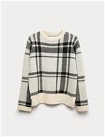 Checked Crew Neck Relaxed Fit Jumper With Wool