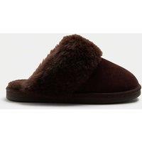 M&S Suede Faux Fur Trim Mule Slippers Chocolate