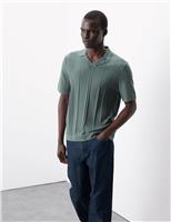 Pointelle Open Neck Knitted Polo Shirt