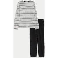 M&S Pure Cotton Striped Pyjama Set Grey Mix
