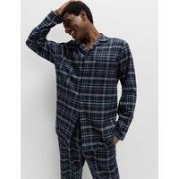 M&S Pure Brushed Cotton Checked Pyjama Set Navy