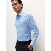 M&S Easy Iron Slim Fit 2 Inch Shorter Cotton Blend Shirt Mid Blue