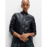 Faux Leather Collarless Jacket
