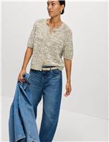 Cotton Blend Metallic Button Front Short Sleeve Cardigan