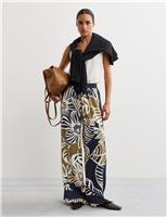 Leaf Print Drawstring Wide Leg Trousers