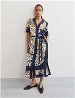 Leaf Print Side Stripe Midi Shirt Dress