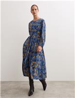 Pure Silk Leaf Print Midi Dress