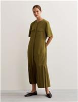 Herringbone Collarless Tie Waist Pleated Midi Shirt Dress