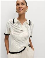 Cotton Rich Open Stitch Knitted Polo Top