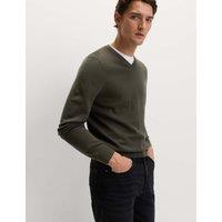 M&S Pure Cotton V-Neck Jumper Dark Khaki