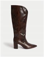 Snake Print Block Heel Knee High Boots