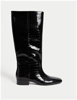 Patent Croc Block Heel Knee High Boots
