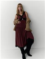 Satin Lace Detail Midi Drop Waist Dress