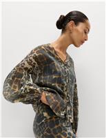 Organza Animal Print V-Neck Tie Front Top