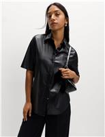 Faux Leather Collared Button Through Shirt