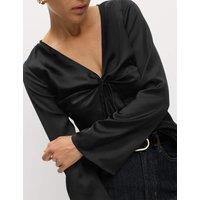 Satin Tie Front Long Sleeve V-Neck Top