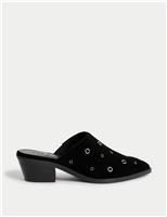 Suede Eyelet Block Heel Muels