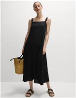 Linen Rich Scoop Neck Midi Drop Waist Dress