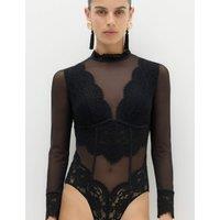 Boutique Mesh & Lace Long Sleeve Body Black