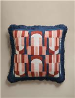 Pure Cotton Geometric Embroidered Fringed Cushion