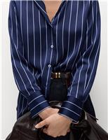 Satin Striped Collared V-Neck Shirt