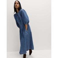 Pure Cotton Denim Midi Waisted Dress