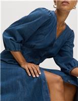 Denim V-Neck Tie Waist Midi Tea Dress