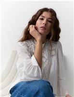 Pure Cotton Crew Neck Lace Front Blouse