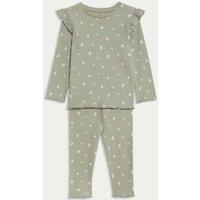 M&S 2pc Cotton Rich Ditsy Top & Bottom Outfit (0-6 Yrs) Green