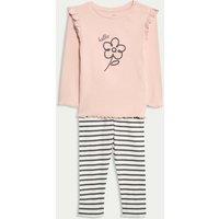 M&S 2pc Cotton Rich Flower Top & Bottom Outfit (0-6 Yrs) Cream Mix