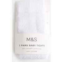 M&S 2 Pack Cotton Rich Ribbed Pelerine Tights (0-2 Yrs) White