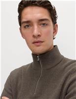 M&S Cotton Blend Ribbed Half Zip Jumper Grey Marl