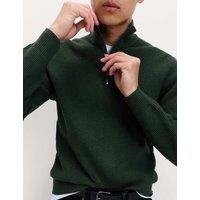 M&S Cotton Blend Ribbed Half Zip Jumper Dark Khaki