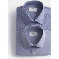 M&S 2 Pack Regular Fit Easy Iron Cotton Blend Striped Shirts Navy Mix