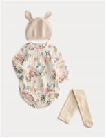 3pc Cotton Rich Floral Bodysuit with Hat and Tights (7lbs - 1Yrs)